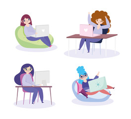 working remotely, women sitting with laptop and computer work
