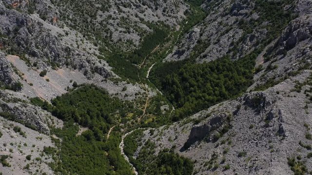 Paklenica Canyon in South Velebit Mountain with Mountain Trail - Aerial Top Down View