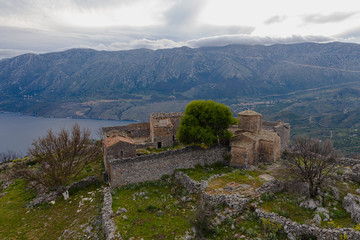 Fototapeta na wymiar Aerial view of old traditional monastery near Gonea village on Mani semi-island, Peloponnese, Greece