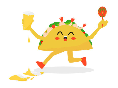 Flat design cartoon character taco holding beer happy moments, taco and beer promote restaurant and bar, happy prawns taco Mexican food, cute prawn taco cheerful with beer and dance holding maracas