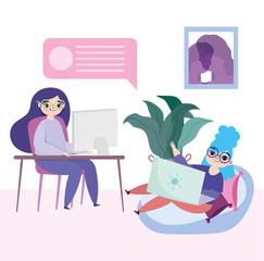 working remotely, young women with laptop and computer workplace room