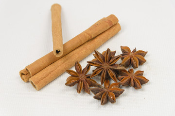 Cinnamon sticks and star anise spice on white canvas background