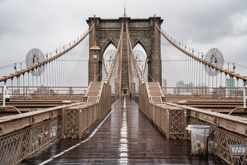 Brooklyn bridge. Rainy Brooklyn bridge view. Brooklyn bridge close up view. Rainy day at Brooklyn...