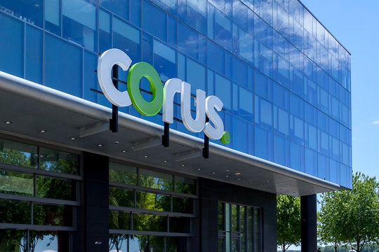 Toronto, Canada - June 19, 2018: Sign of the Corus Entertainment on the headquarter office building at Corus Quay in Toronto, is a Canadian media and broadcasting company.