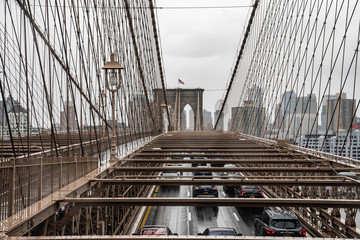 Brooklyn bridge. Rainy Brooklyn bridge view. Brooklyn bridge close up view. Rainy day at Brooklyn...