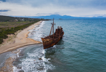 Aerial view of Shipwreck Dimitrios (formerly called Klintholm) in Gythio Peloponnese, in Greece
