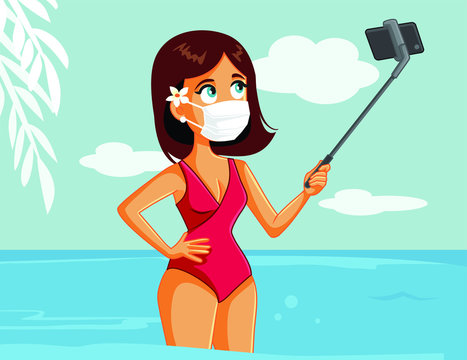 Female Tourist Wearing Medical Mask Taking a Selfie in Summer