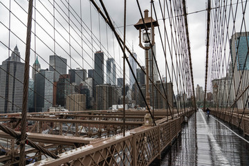 Brooklyn bridge. Rainy Brooklyn bridge view. Brooklyn bridge close up view. Rainy day at Brooklyn bridge. 