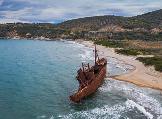 Naklejka premium Aerial view of Shipwreck Dimitrios (formerly called Klintholm) in Gythio Peloponnese, in Greece