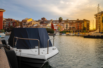 Fototapeta premium small Citi with big canal and lot of boats close to houses , look like Venice , Port Saplaya ,Alaboraya, Spain 