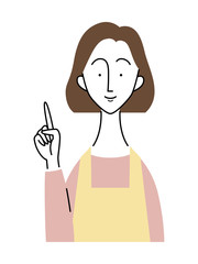 エプロンを付けた女性／指をさすジェスチャー