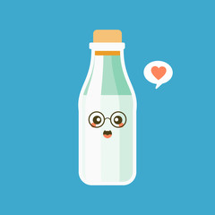 Funny full milk bottle character with smiling human face standing.