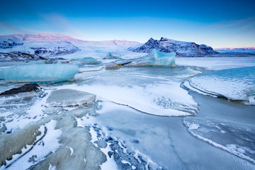 Ice beach provides intersting ice formations at dawn near Jokulsarlon