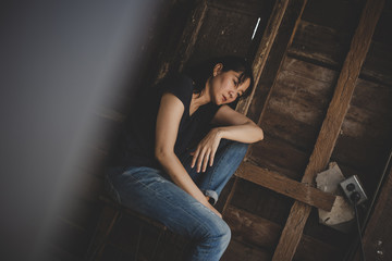 Fototapeta na wymiar sad serious woman.depressed emotion panic attacks alone young people fear stressful.crying begging help.stop abusing domestic violence,person with health anxiety, bad frustrated exhausted feeling down