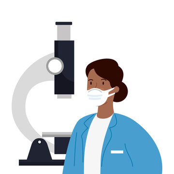 doctor female afro using face mask with microscope vector illustration design