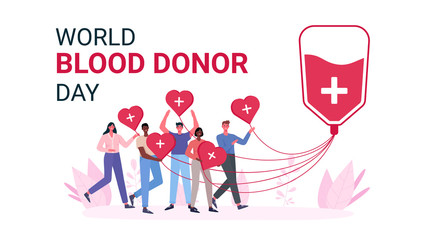 Volunteers woman and man donating blood. Blood donor charity. World Blood Donor Day, Health Care.People are holding hearts. For banner, poster, card, web, landing page.Flat cartoon vector illustration
