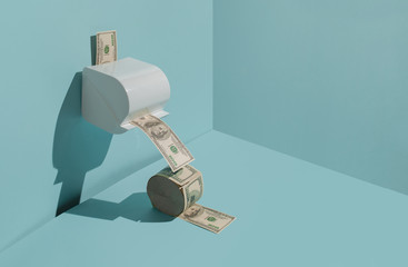 Creative concept of the economic crisis of 2020, monetary inflation during the coronavirus. The photo shows dollars and toilet paper.