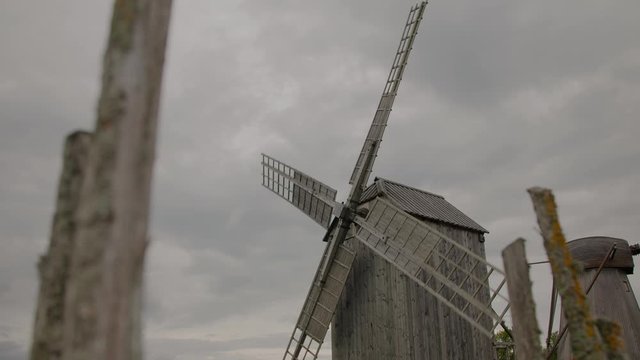 Middle-shot of old wooden windmills, built in 20th century located in Estonia, Saaremaa.