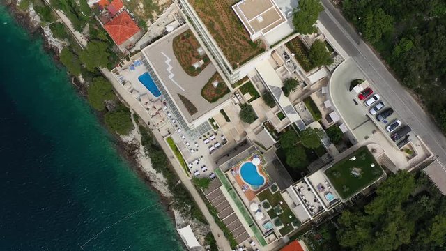 Hotels on Seashore in city of Dubrovnik Croatia - Aerial Top Down View of Hotel Complex