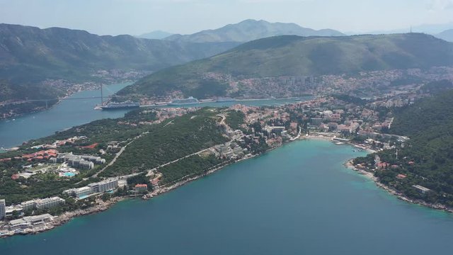 City of Dubrovnik Croatia - Aerial Panorama View of Hotel Complex, Bridge, Old City, Port, Mountains
