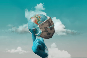 Creative concept of the 2020 economic crisis, money inflation during the coronavirus, unemployment. The photo shows a medical mask of dollars on a globe