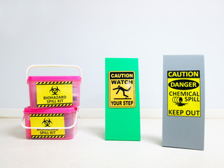 Chemical Spill kit yellow bucket and Biohazard Spill Kit with Warning danger caution hazard tag...