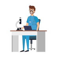 male paramedic with microscope in workplace vector illustration design