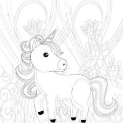 Unicorn  Coloring Pages. Coloring Book  vector. Horse head step. Colored book. Black and white sticker, icon isolated. Cute magic cartoon fantasy animal. Dream symbol. Design for children,  