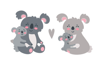 Koala family set. Happy parents and children hugging each other. Vector illustration in cute flat style