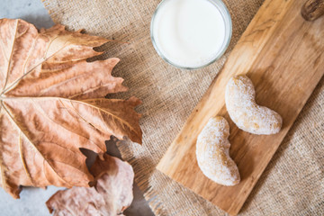autumn leaves, milk and cookies