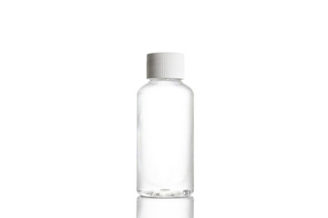 Gel bottle. Clear plastic blank for soap shampoo and mineral cosmetic isolated on white. Water cap spray on transparent background. Hand Alcohol Sanitizer.