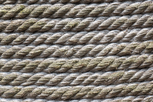 Tied rope texture in a row in parallel line background in closeup full frame