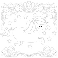 Fototapeta premium Unicorn Coloring Pages. Coloring Book vector. Horse head step. Colored book. Black and white sticker, icon isolated. Cute magic cartoon fantasy animal. Dream symbol. Design for children, 