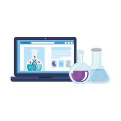 laptop with medicine online by test of covid 19 vector illustration design