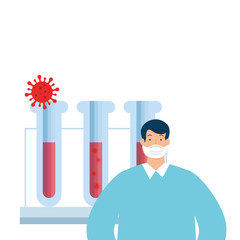 man using face mask and tubes test with particles covid 19 vector illustration design