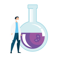 doctor and tube test with particles covid 19 icon vector illustration design