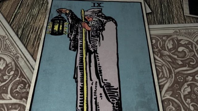 Old Man With Lantern and Cane Pictured on Tarot Card, Lonely Wanderer Following Path in Solitude, Close Up