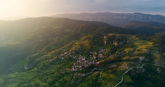 Aerial shot of Borovo village during sunset in Rhodope mountains.