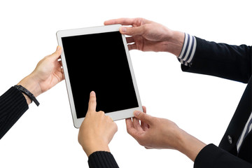 Isolated White Background with Clipping Path of Hands of 2 Business Man and Woman Hold and Point on White Tablet. Concept for Online Shopping, E-book Reading, Digital Marketing, Social Network 