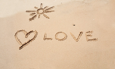 Inscription on yellow sand, close up view. Drawn by finger on sand. Yellow sand texture. Egyptian beach in february. Selective soft focus. Blurred background