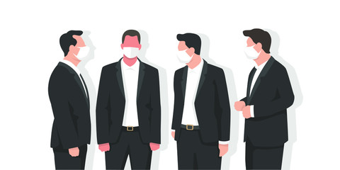 Group of business men with face mask in modern flat style, for virus protection, air pollution, contaminated air, world pollution. Modern flat vector illustration.