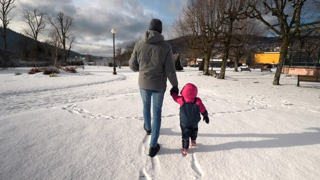 Rear view on man and toddler taking a walk in a snow-covered park on a bright winter's day, landscape wide angle
