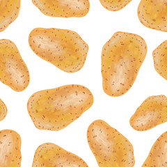 Young potato whole in a peel isolated on a white background. Raster seamless print from a pattern of potatoes. Whole young potato hand-drawn in a realistic style.