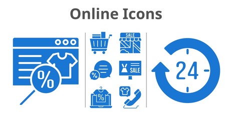 online icons set. included online shop, 24-hours, shop, chat, shopping cart, phone call icons. filled styles.