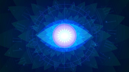 Magic blue all-seeing eye on a background of fractal and stars