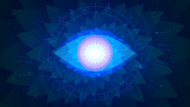 Magic blue all-seeing eye on a background of fractal and stars