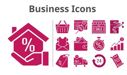 business icons set. included newsletter, profits, shop, wallet, voucher, shopping-basket, delivery truck, trolley, online shop, 24-hours, mortgage, price tag, stopwatch icons. filled styles.