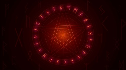 Red glowing star in a circle on a black background and magic runes, witch illustration with a pentagram