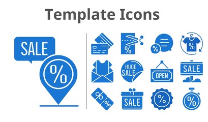 template icons set. included gift, newsletter, sale, shirt, voucher, chat, discount, placeholder, credit card, stopwatch, open icons. filled styles.