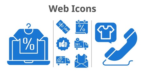 web icons set. included calendar, online shop, newsletter, like, discount, phone call, delivery truck icons. filled styles.